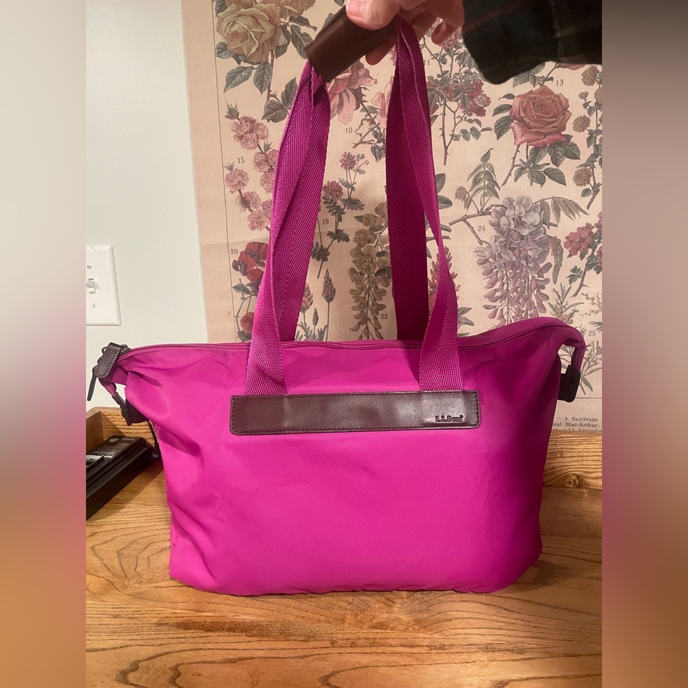 L.L. Bean Fuchsia Tote Bag with Brown Accents